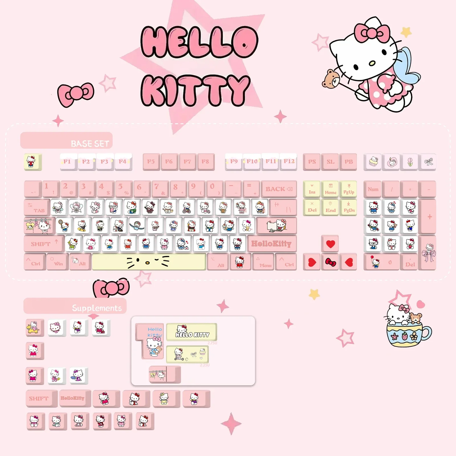 Exclusive Hello Kitty Pink PBT spherical keycaps set displayed, showcasing their charming design and whimsical appeal for keyboards.