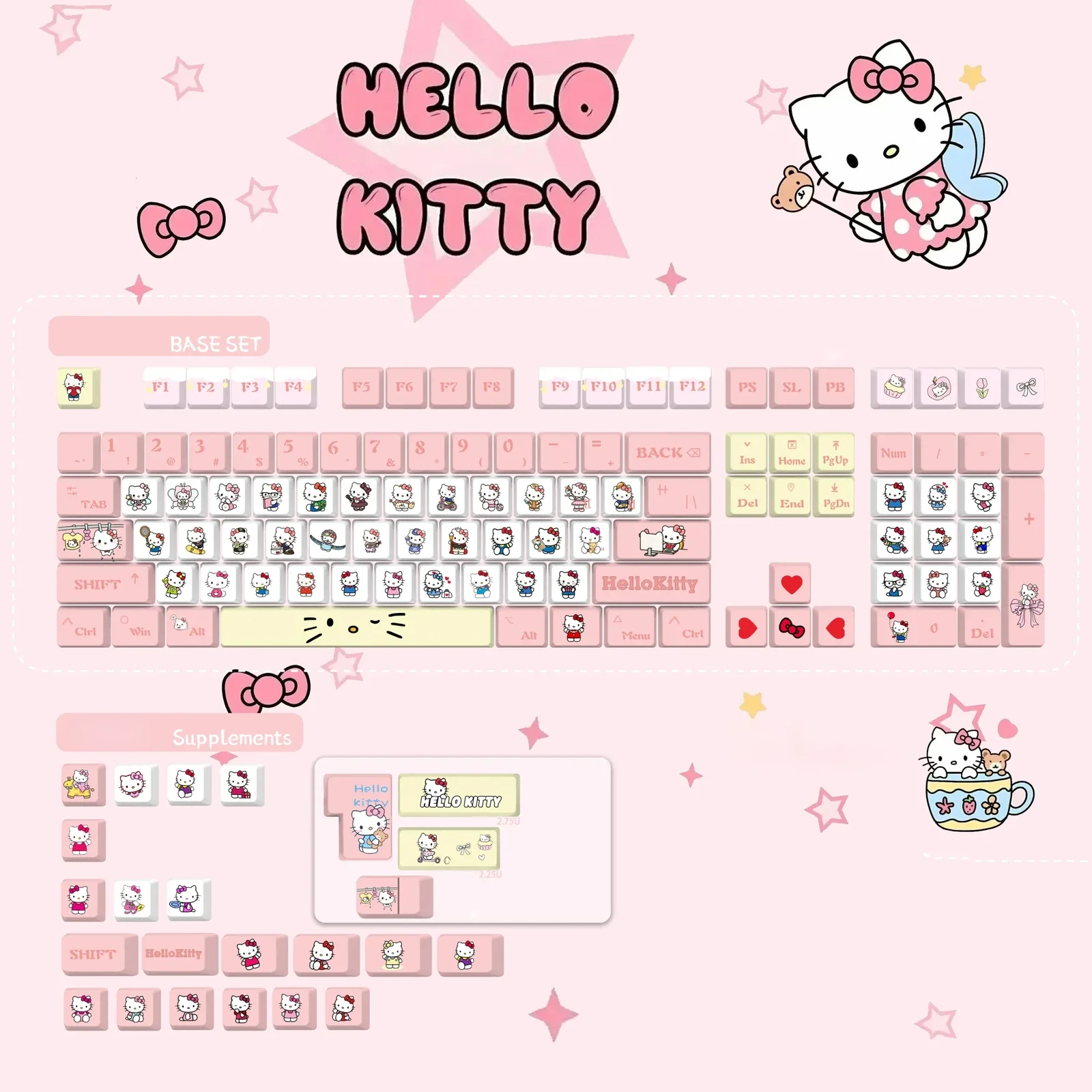 Exclusive Hello Kitty pink PBT spherical keycaps set displayed, featuring charming, whimsical designs and rounded aesthetics.