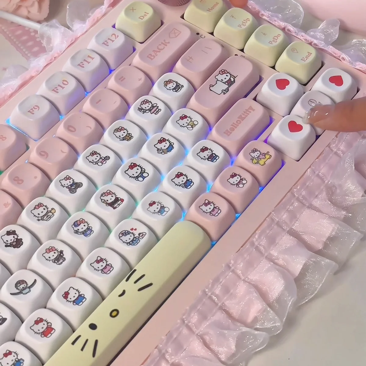 Hello Kitty Joyful Pink Dye-Sub PBT keycaps set featuring iconic characters and rounded profiles, displayed from various angles, compatible with backlight design.