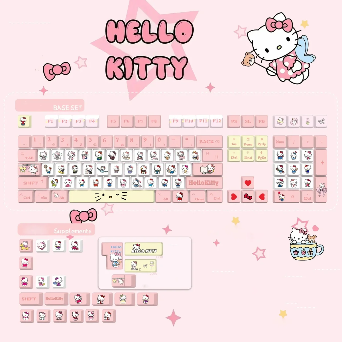 Hello Kitty Joyful Pink Dye-Sub PBT keycaps set, showcasing iconic characters in pastel pink and white, with rounded profiles from multiple angles.