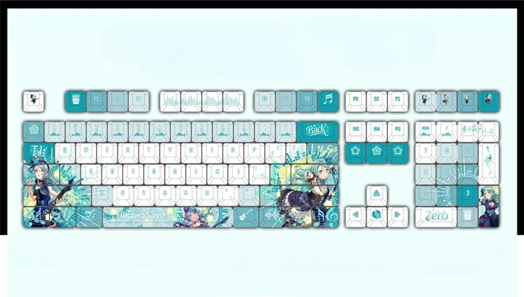 Multiple angles of the vibrant Hikawa Sayo BanG Dream! PBT keycap set showcase its dynamic anime art, rich colors, and durable texture, ready for RGB keyboard.