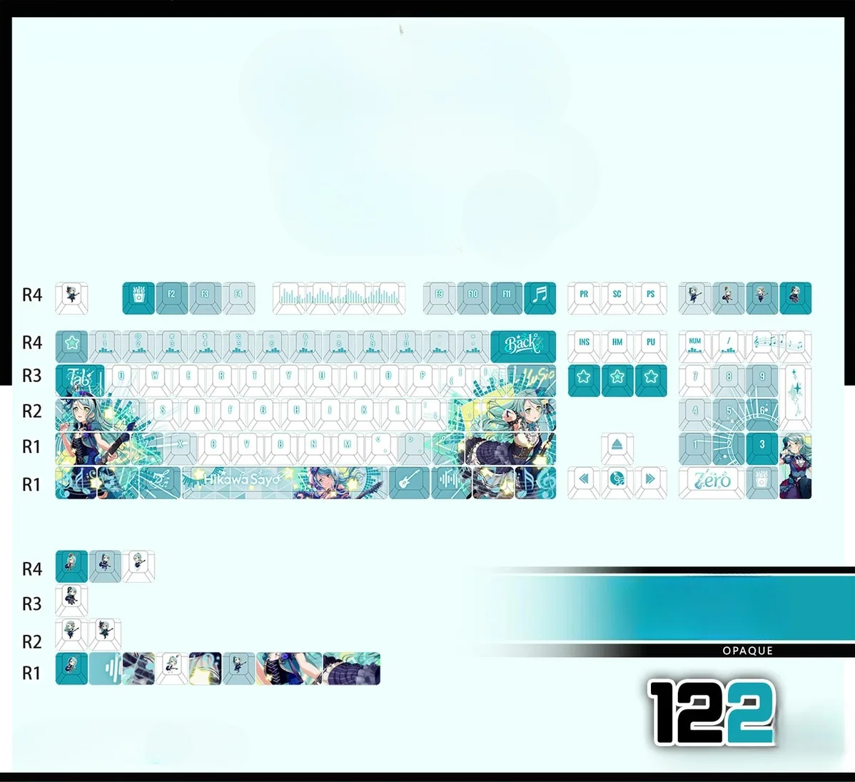 Vibrant Hikawa Sayo BanG Dream! PBT keycap set gallery, showing dynamic anime art and durable texture from various angles for RGB compatibility.