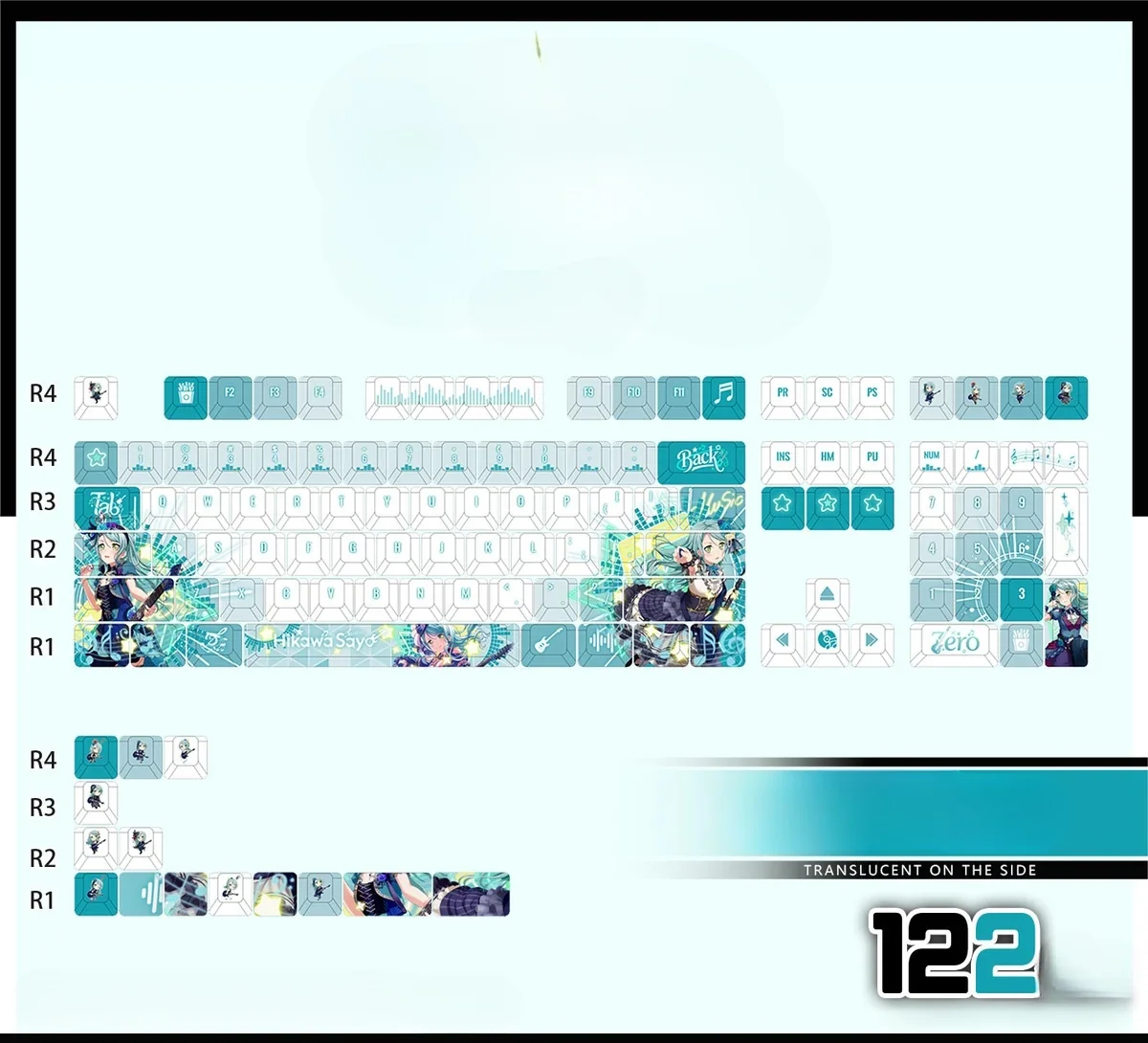 Vibrant Hikawa Sayo BanG Dream! PBT keycap set shown from multiple angles, highlighting its dynamic anime art, durable texture, and RGB readiness.