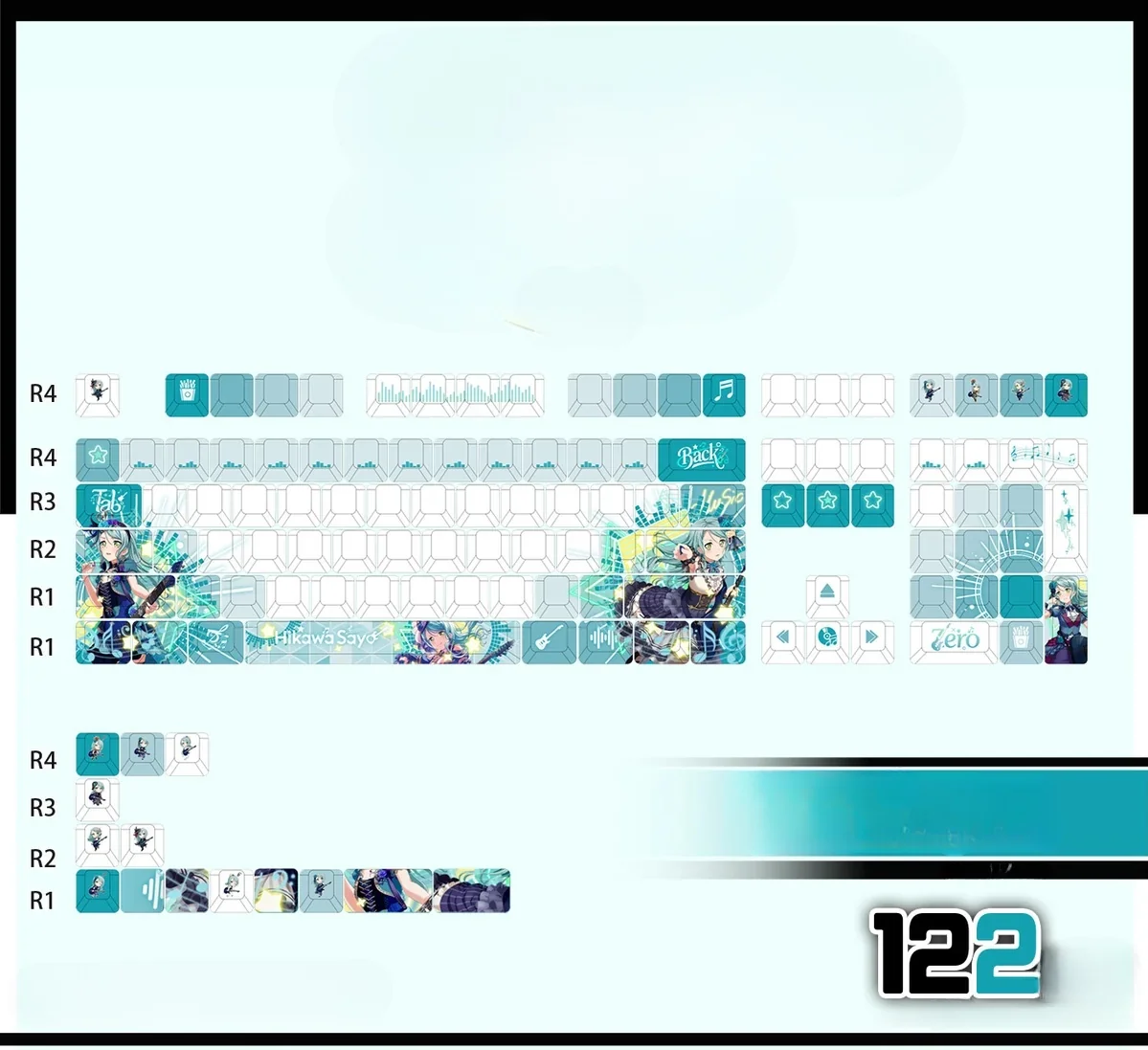 Vibrant Hikawa Sayo BanG Dream! PBT keycap set, dynamic anime art and durable PBT texture visible from playful angles. RGB ready.