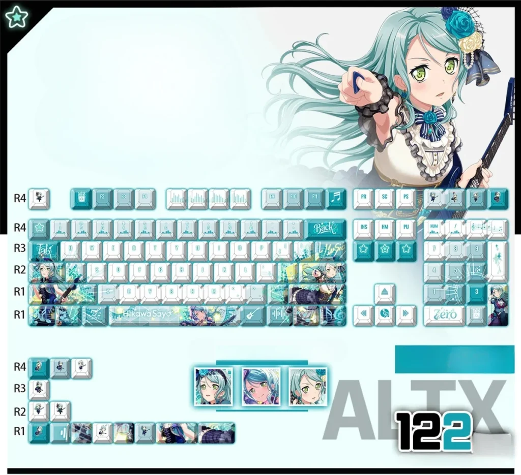 Vibrant Hikawa Sayo Keycap Set from BanG Dream! featuring dynamic anime art on durable PBT, ready to shine on your RGB keyboard.