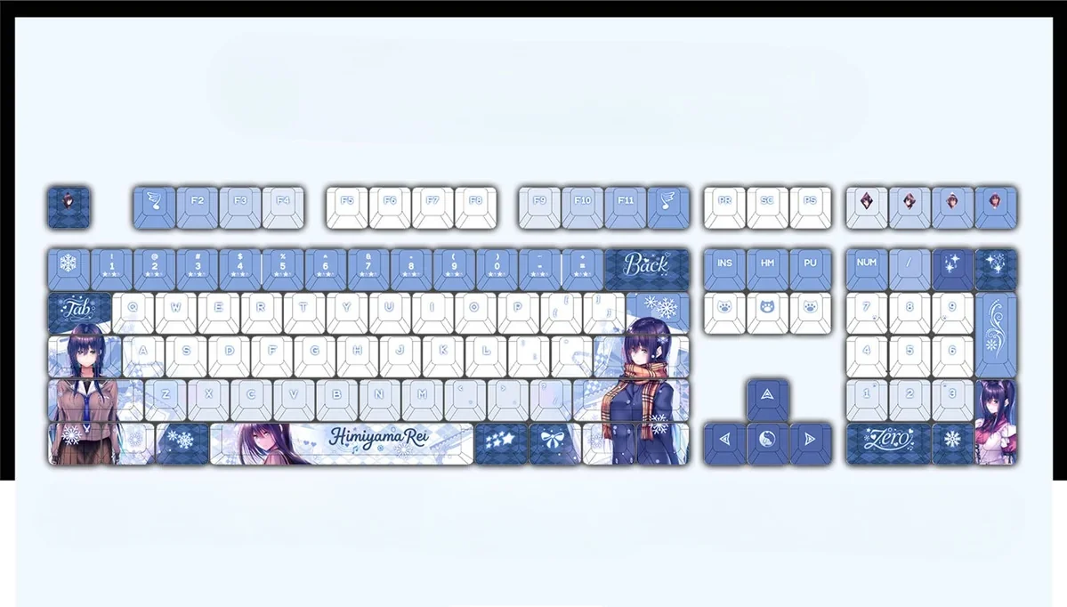 Playful Hiyamayama Rei PBT keycap set from multiple angles, showcasing vibrant anime art and dynamic backlighting for a charming anime keyboard.