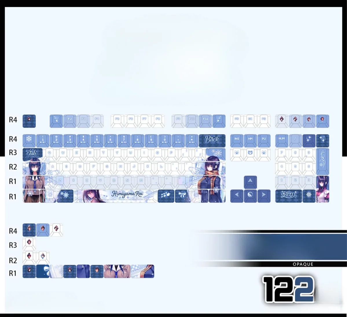 Playful Hiyamayama Rei PBT keycap set gallery, showcasing vibrant anime art from different angles, perfect for dynamic backlit keyboards.