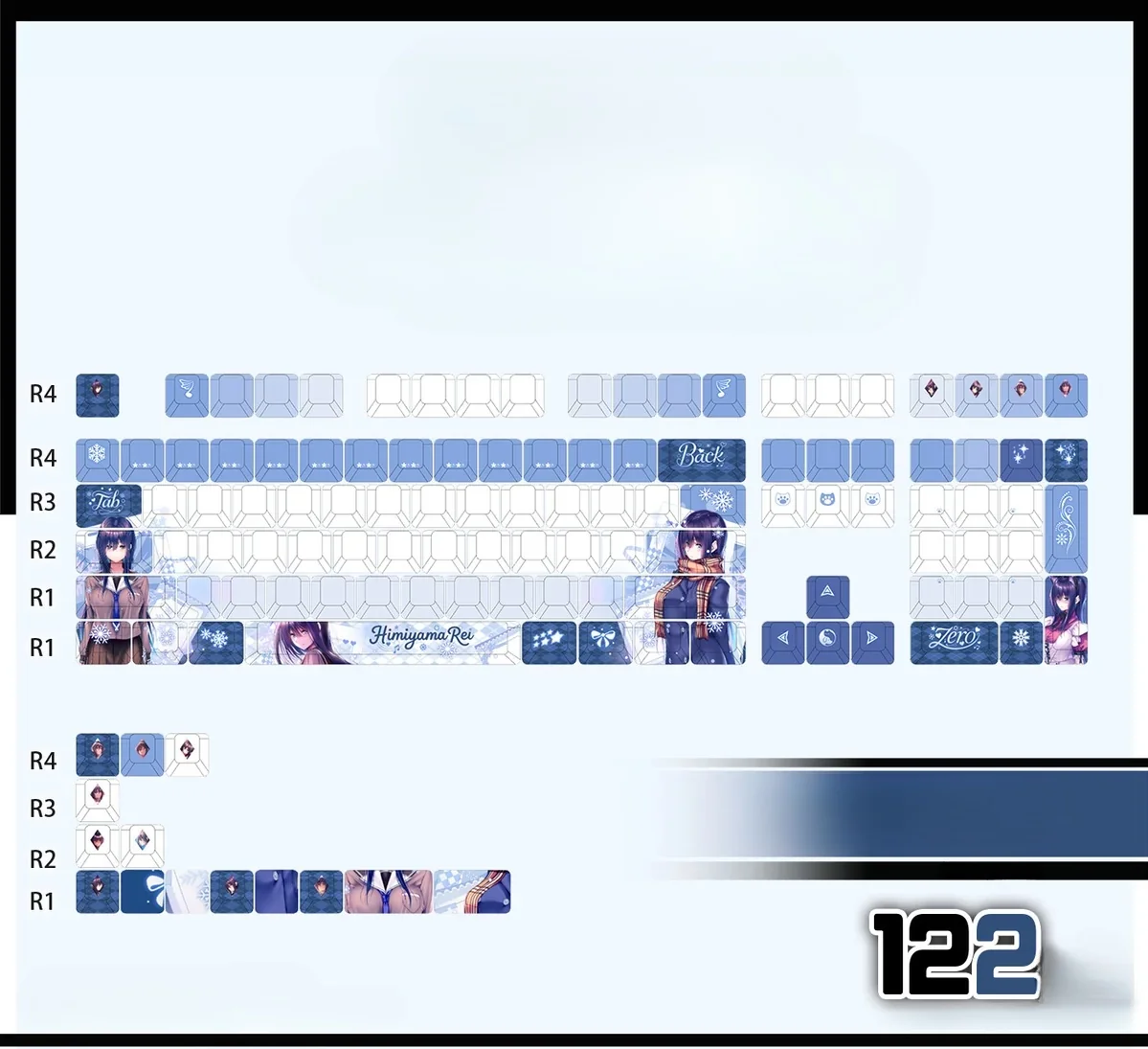 Vibrant Hiyamayama Rei anime PBT keycap set charm, showcasing its iconic backlit design and translucent details from various angles.