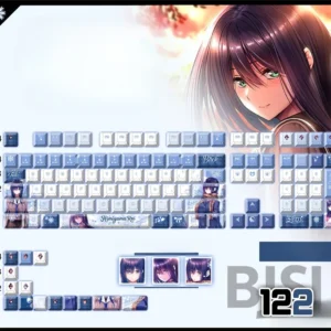 Vibrant Hiyamayama Rei PBT keycap set featuring iconic anime character art and translucent design for playful backlit charm.