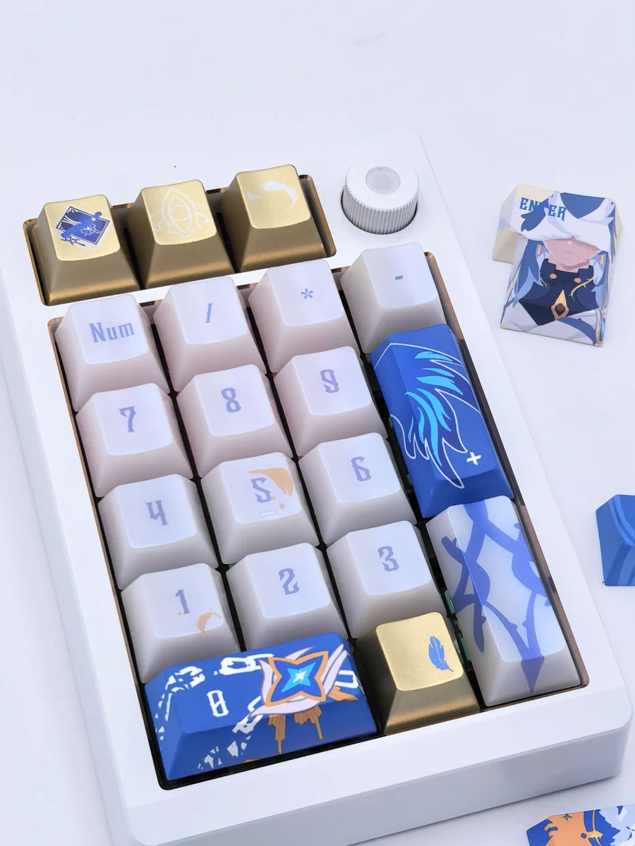 Close-up view of the exclusive Soloist Honkai Star Rail Cherry Profile keycaps set, highlighting their elegant character designs and musical motifs.