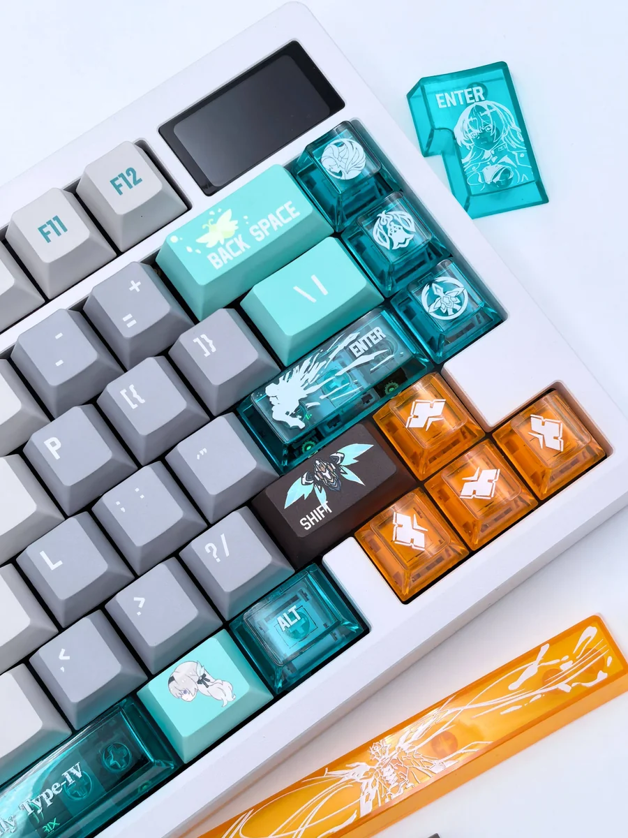 Honkai Star Rail Firefly Sam keycap set, multiple angles showcase exclusive futuristic ethereal character art, transparent PBT dye-sublimated keys.