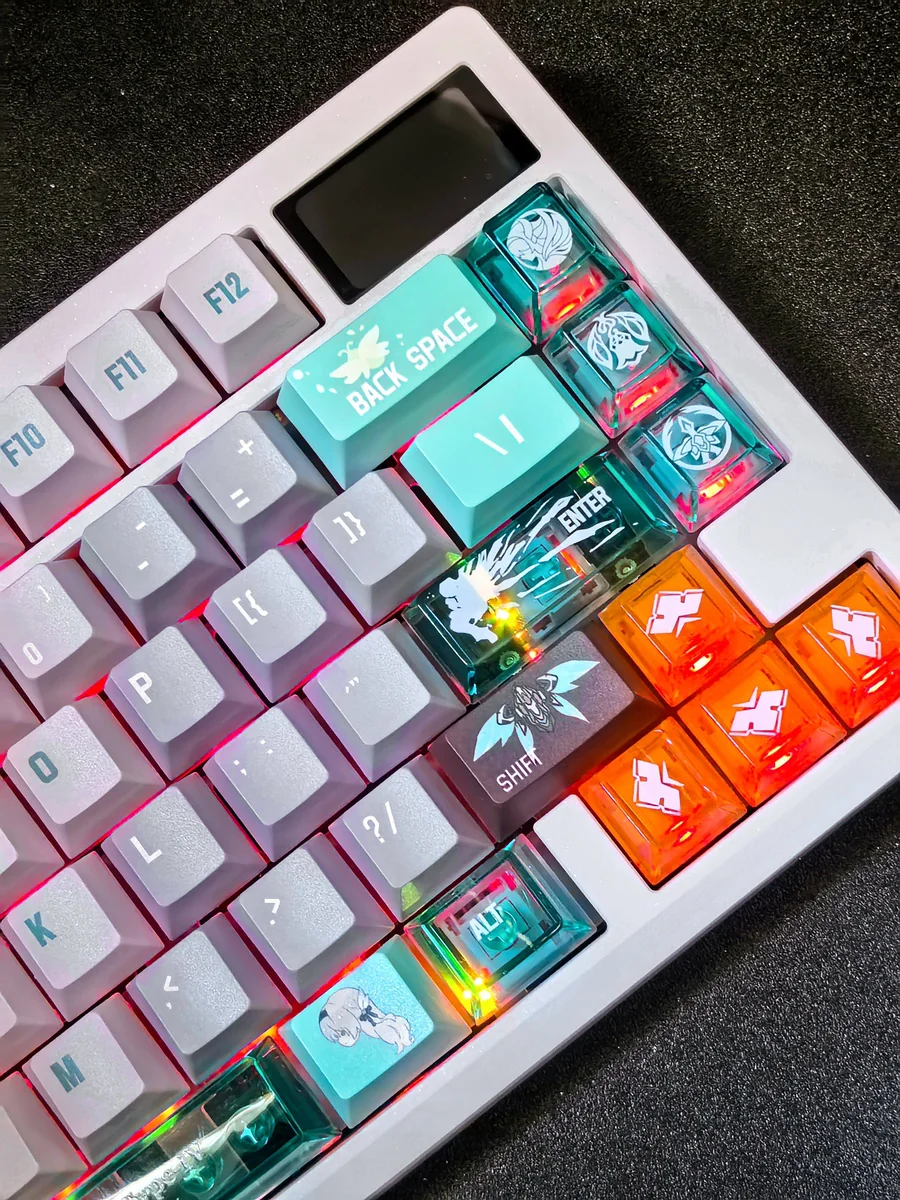Experience the exclusive Honkai Star Rail Firefly Sam keycap set through detailed images from different angles, revealing its transparent and PBT dye-sub.