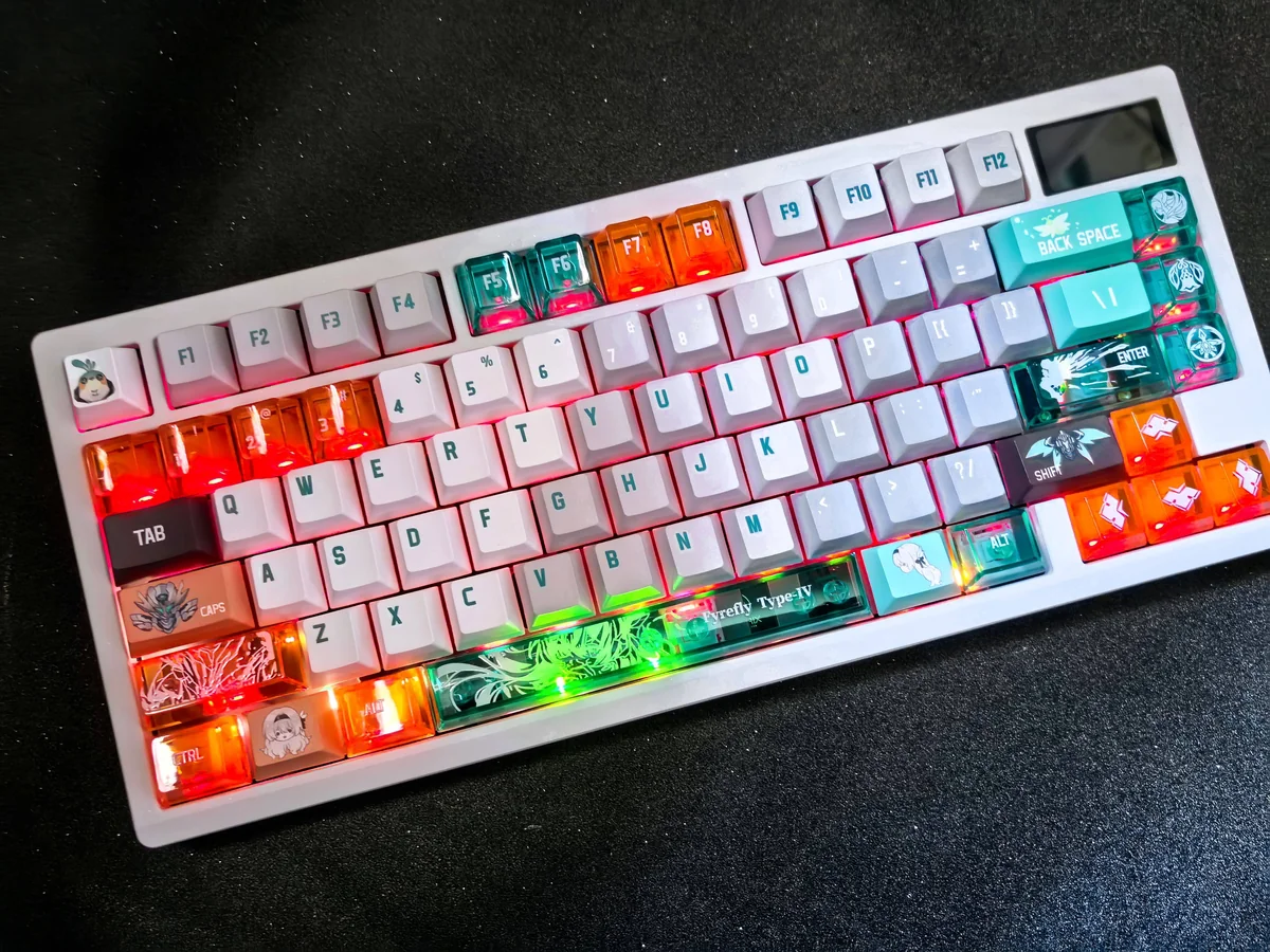 Exclusive Honkai Star Rail Firefly Sam keycaps set from multiple angles, highlighting the ethereal design, transparent keys, and premium PBT dye-sublimated.
