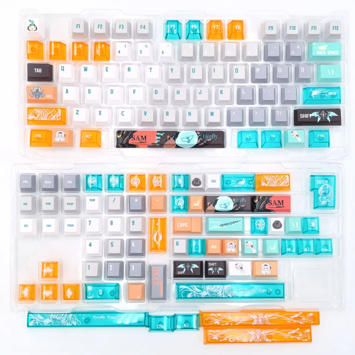 Exclusive Honkai Star Rail Firefly Sam keycap set. Product images reveal multiple angles of the futuristic, ethereal transparent and PBT dye-sublimated.
