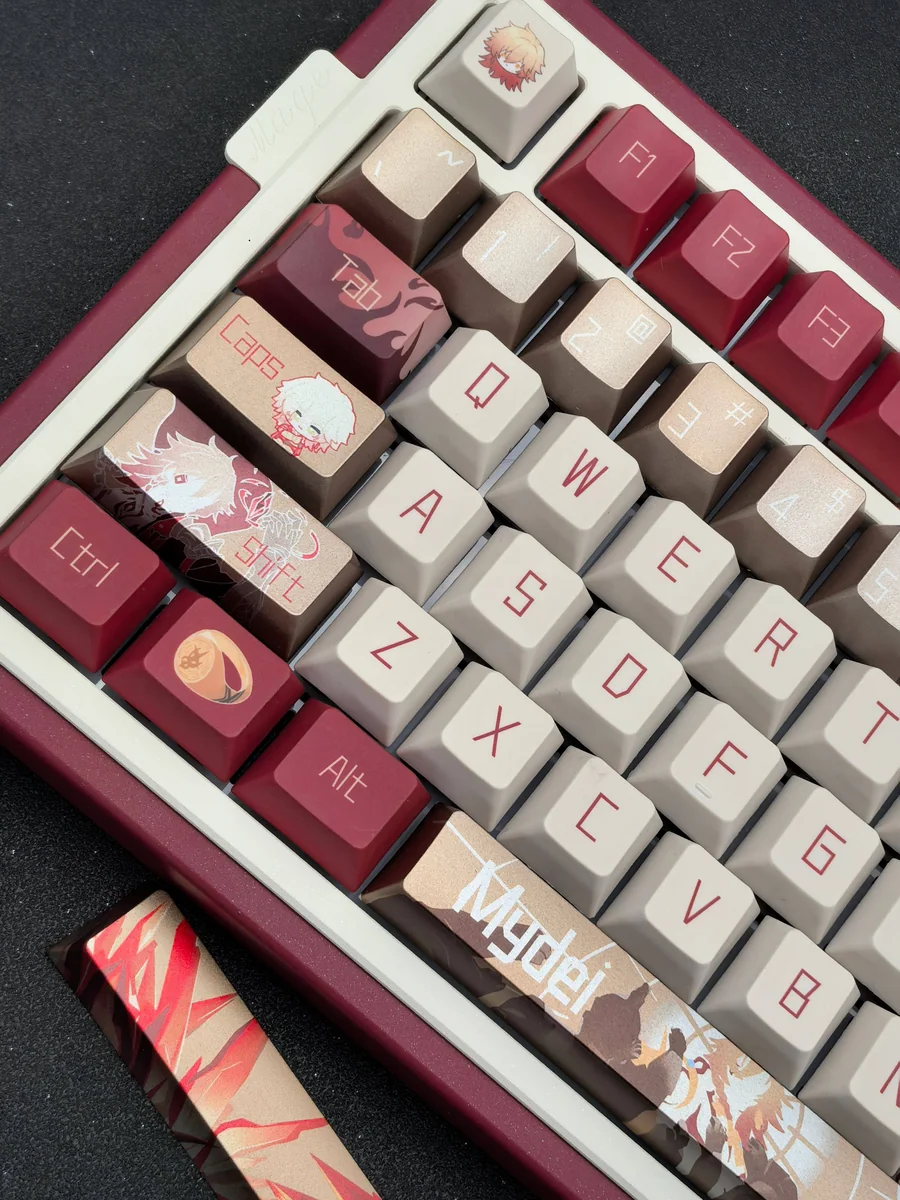 Honkai Star Rail Mydei Cherry keycaps set displayed from various angles, showcasing its intricate futuristic anime-inspired designs for collectors.
