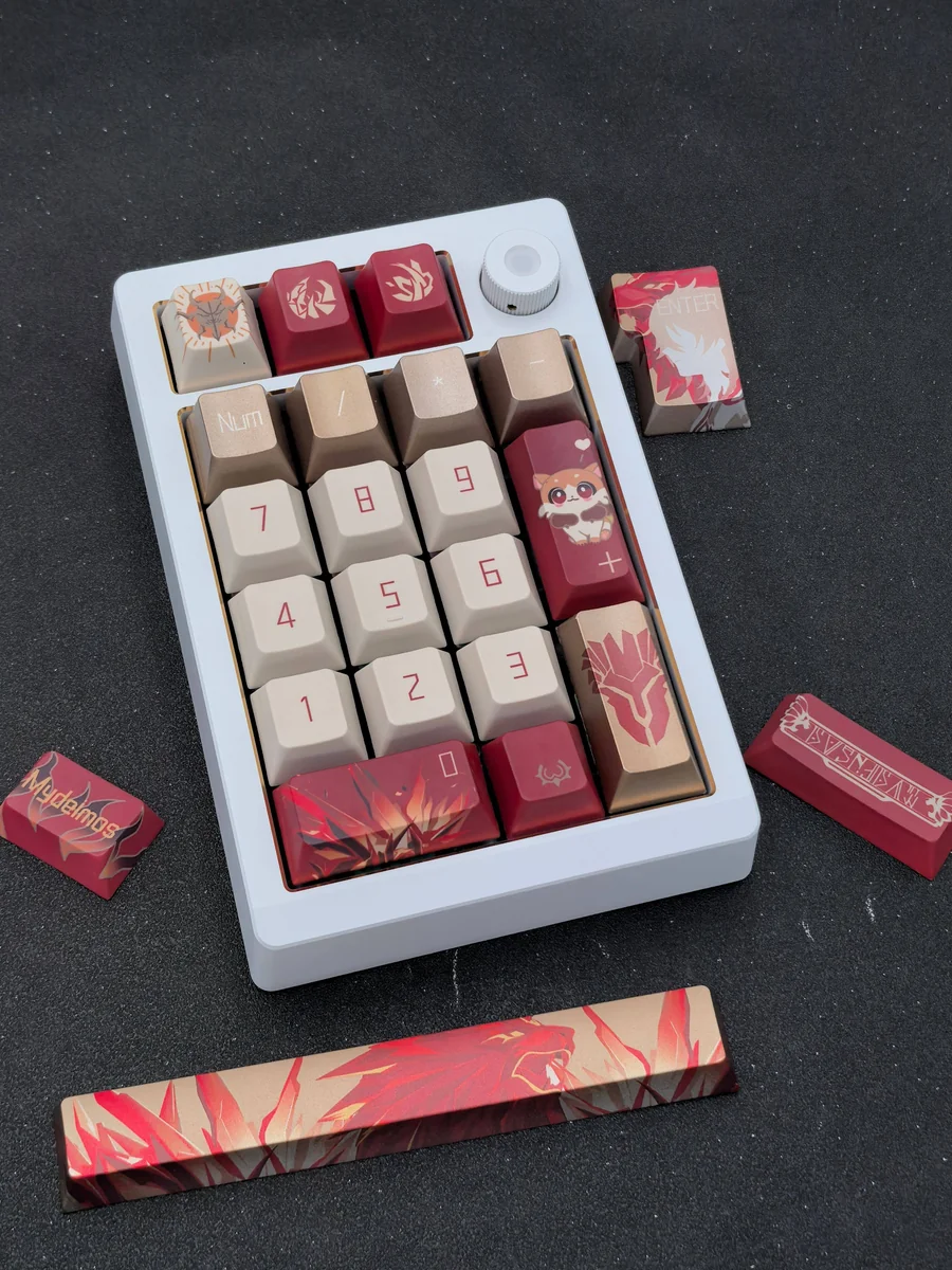 Exclusive Honkai Star Rail Mydei Cherry keycaps set displayed from various angles, revealing its futuristic, anime-inspired, combat-ready design.