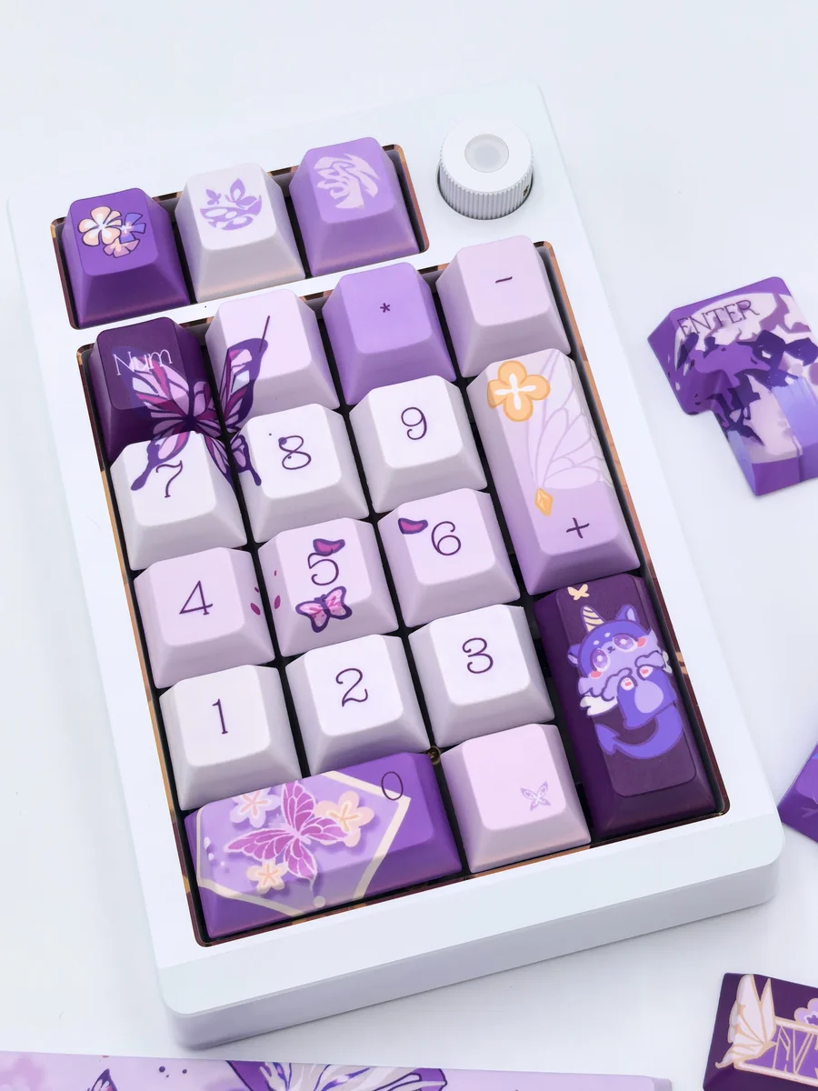 A gallery of Honkai Star Rail Castorice keycaps set, showcasing the elegant butterfly motifs and ethereal aesthetic from various angles.