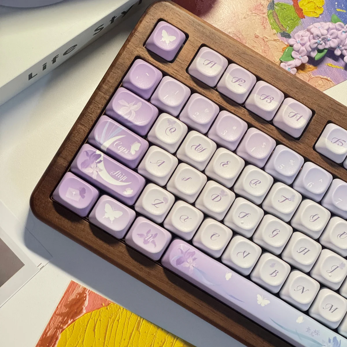 Ethereal Iris Butterfly PBT Backlit Keycap Set, highlighting dreamy purple irises and delicate butterflies, serene Chinese motifs.