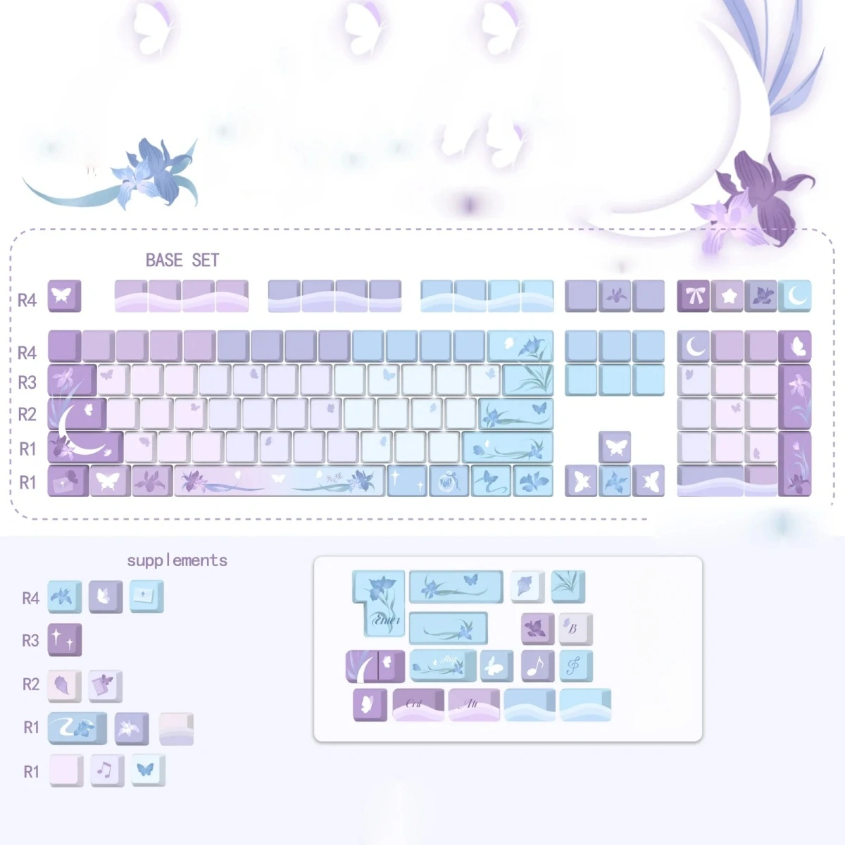 Ethereal Iris Butterfly PBT backlit keycap set, a compact original factory profile with front-lit legends, featuring purple irises and butterflies.