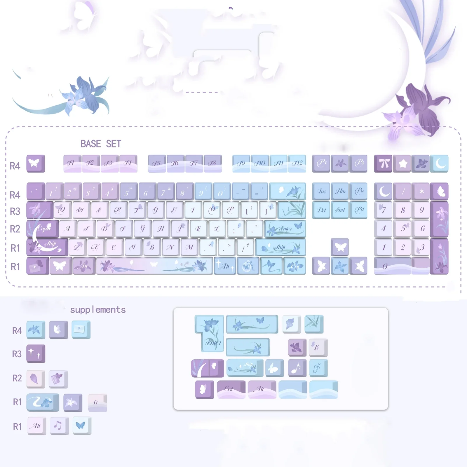 Exquisite Iris Keycaps Set displaying dreamlike purple iris and butterfly motifs in a serene Chinese aesthetic, highlighting artistic quality.