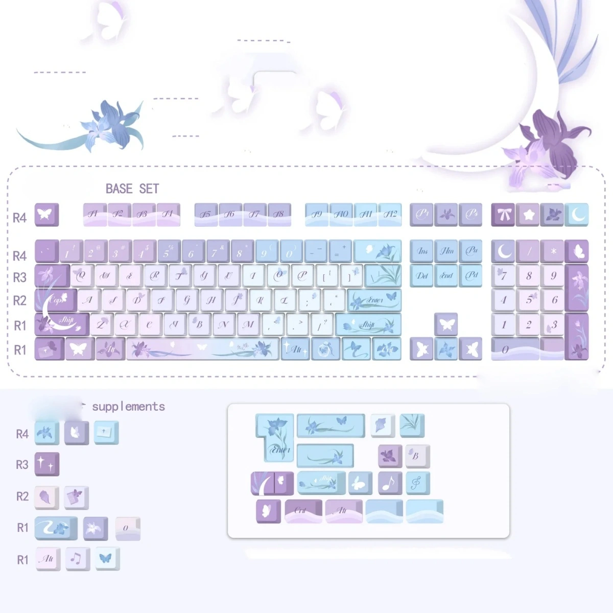Dreamlike Iris Keycaps: Set exquisite purple iris butterfly PBT keycaps in a serene Chinese style, perfect for an artistic keyboard setup.
