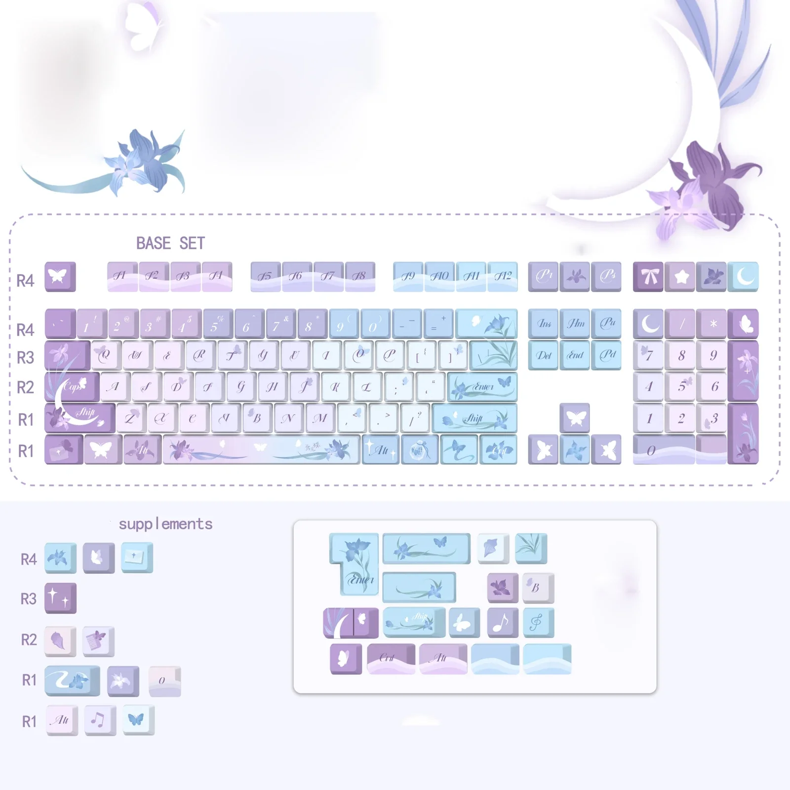 Exquisite Iris Keycaps Set featuring delicate purple iris and butterfly motifs. This dreamlike PBT Chinese style keycap set embodies serene artistic feel.