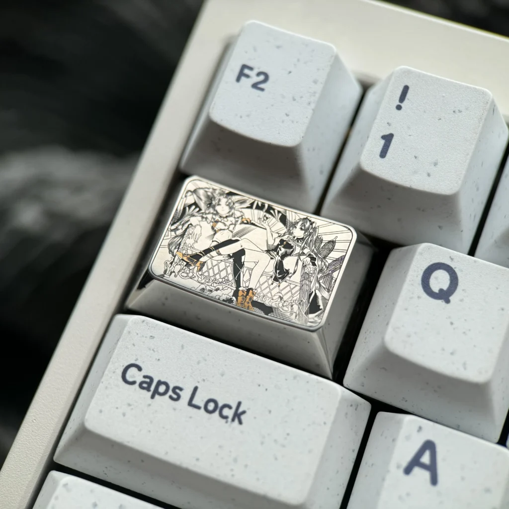 Precision engraved Premium Ishtar & Ereshkigal Tab Key Keycap, revealing intricate anime motifs, fine pointillist texture, and its luxurious polished metallic design.
