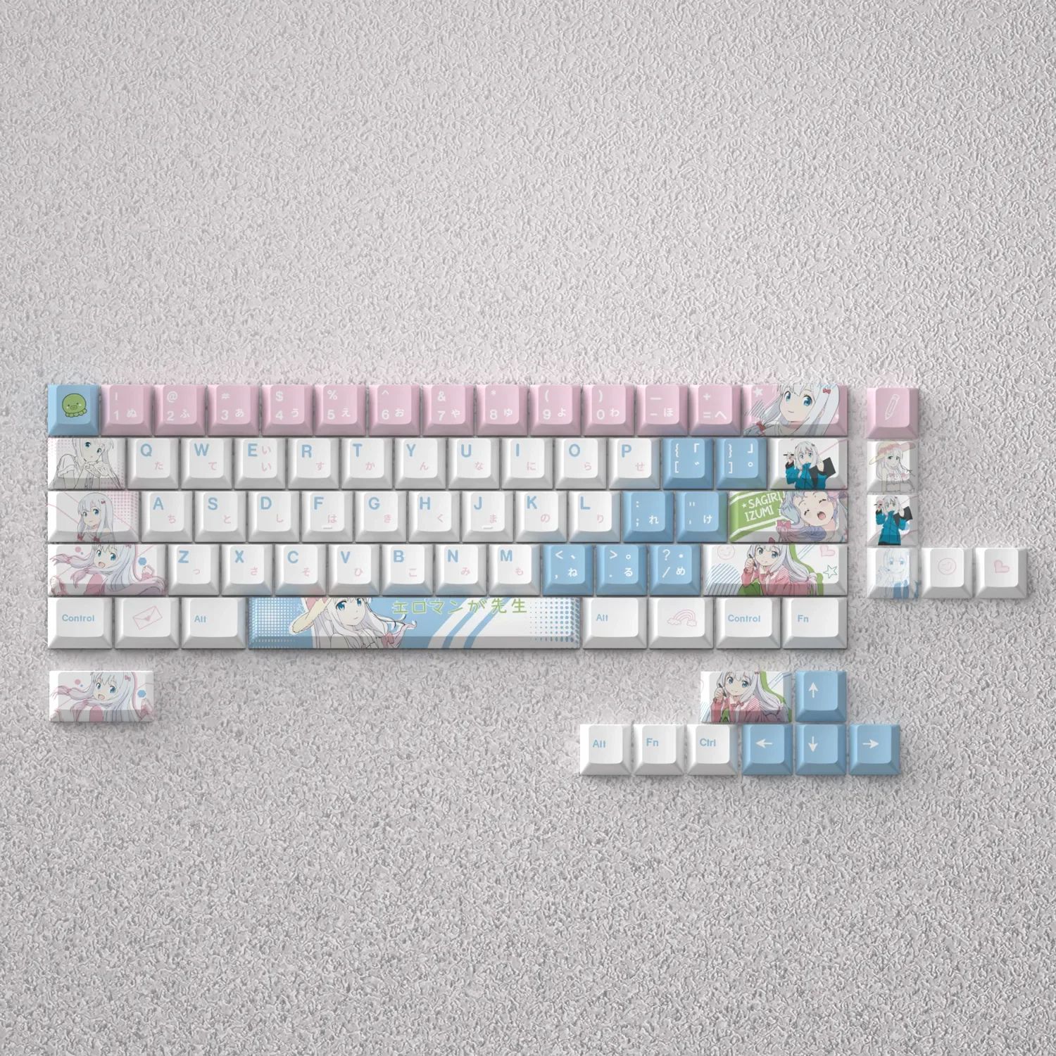 A full gallery of exclusive Izumi Sagiri anime keycaps set, showcasing vibrant character art and crisp legends from multiple angles for mechanical keyboard.