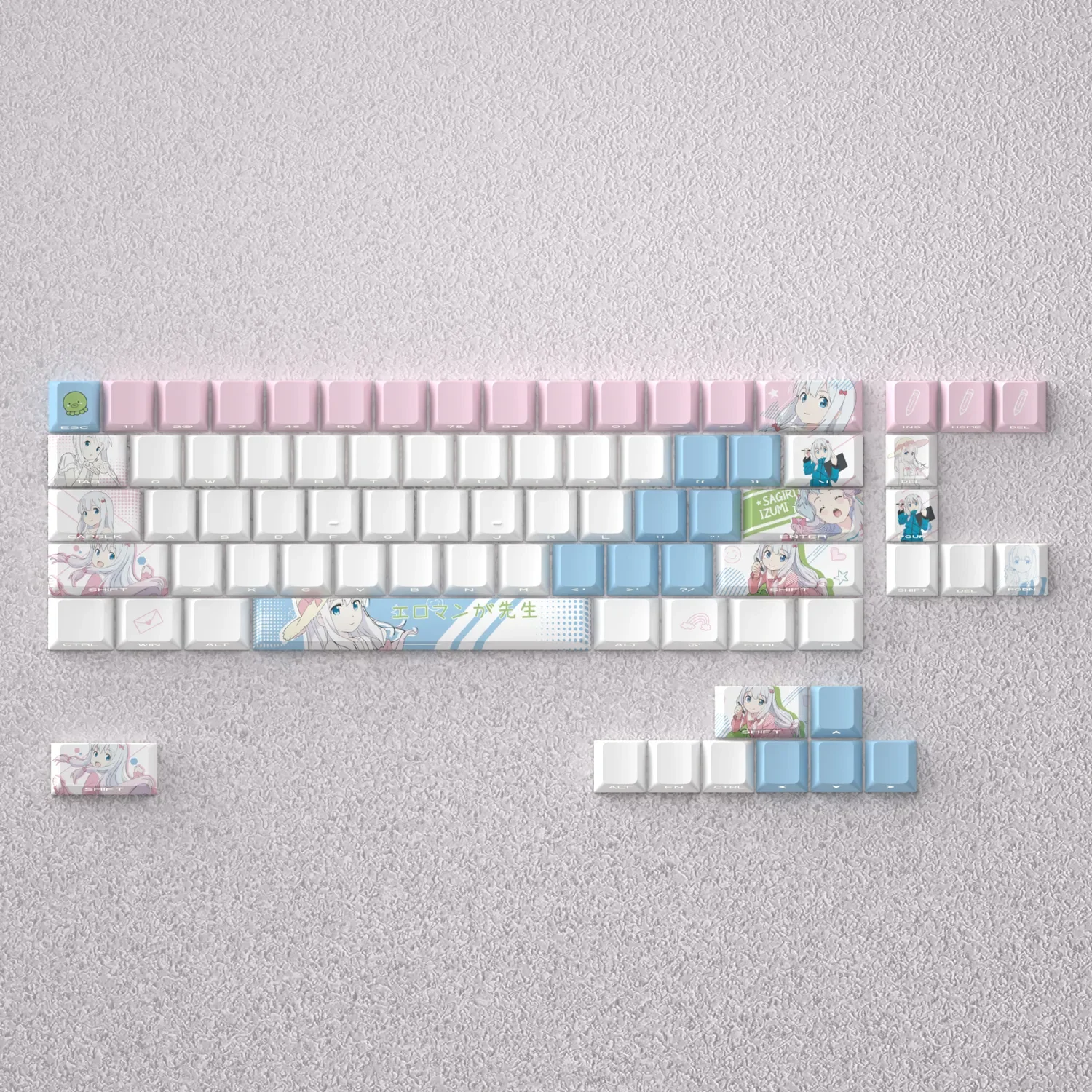 Vibrant Izumi Sagiri keycaps set gallery, featuring exclusive anime art, crisp legends, and an artistic opaque finish for mechanical keyboards.