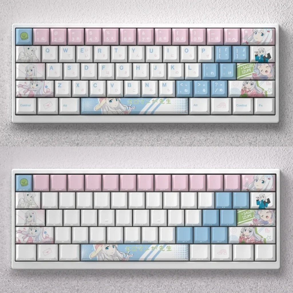Main image of exclusive Izumi Sagiri keycap set for mechanical keyboards, featuring vibrant anime character art, crisp legends, and an opaque finish.