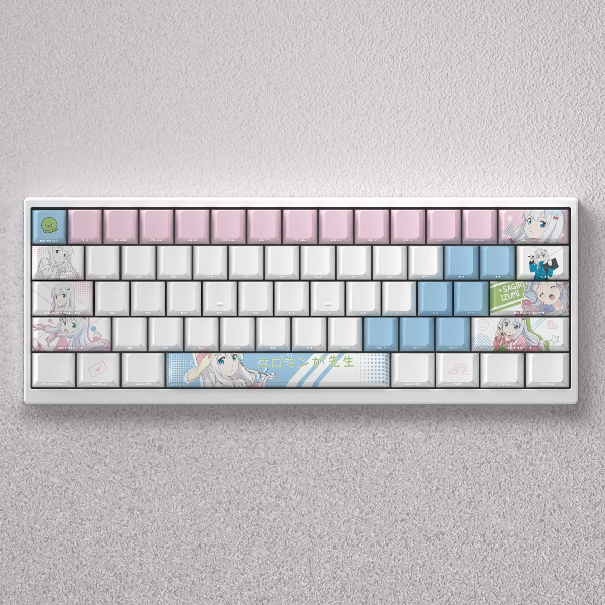 Multiple views of the exclusive Izumi Sagiri anime PBT dye-sub keycap set, showcasing vibrant Eromanga Sensei character art and cute, playful designs.