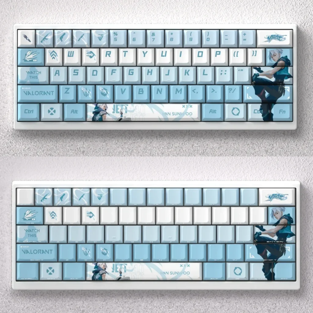 Exclusive Valorant Jett Keycaps Set, featuring dynamic PBT art with sleek lines and vibrant character aesthetics for gaming keyboards.