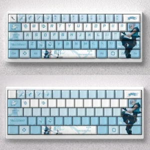 Exclusive Valorant Jett Keycaps Set, featuring dynamic PBT art with sleek lines and vibrant character aesthetics for gaming keyboards.