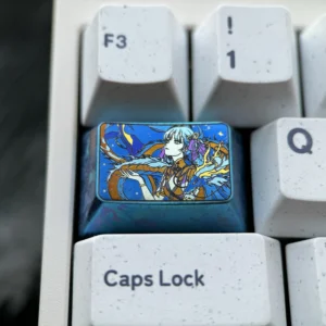 Close-up of a vibrant Jinhsi anime titanium keycap featuring premium titanium alloy and detailed, stylized anime art with a colorful, durable finish.