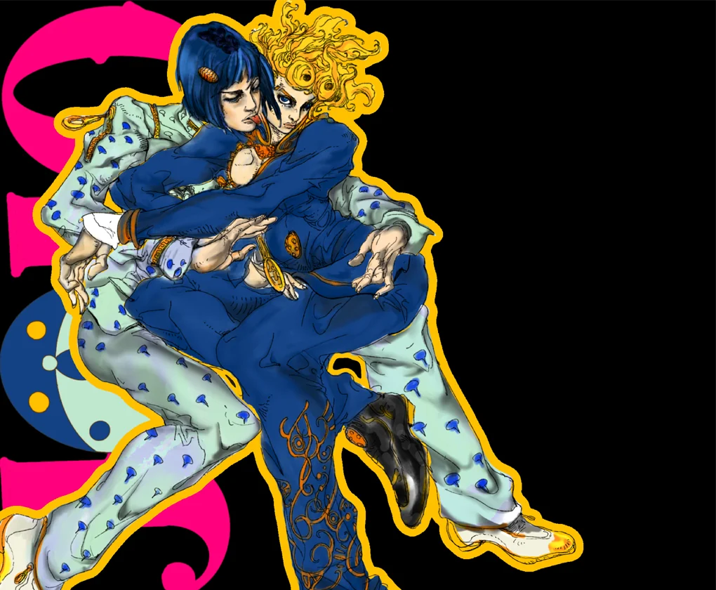 Multiple views of the exclusive Jojo's Bizarre Adventure original art mouse pad, showcasing vibrant character details and dynamic anime aesthetic.