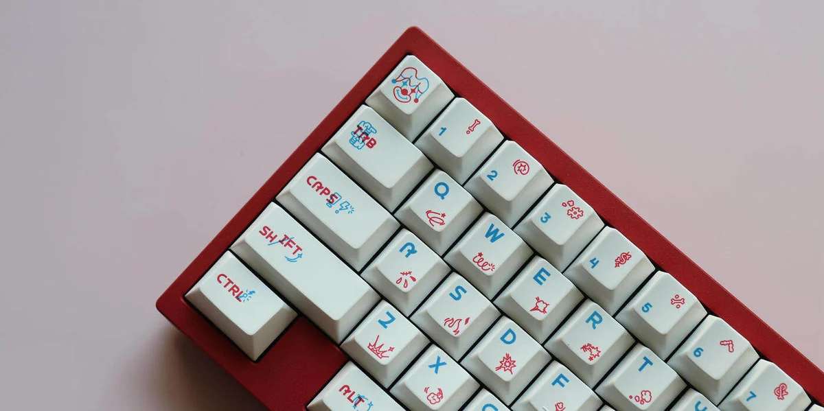Explore vibrant Joyride Keycaps Set made from durable PBT, showcased from playful angles revealing their retro-inspired journey legends.