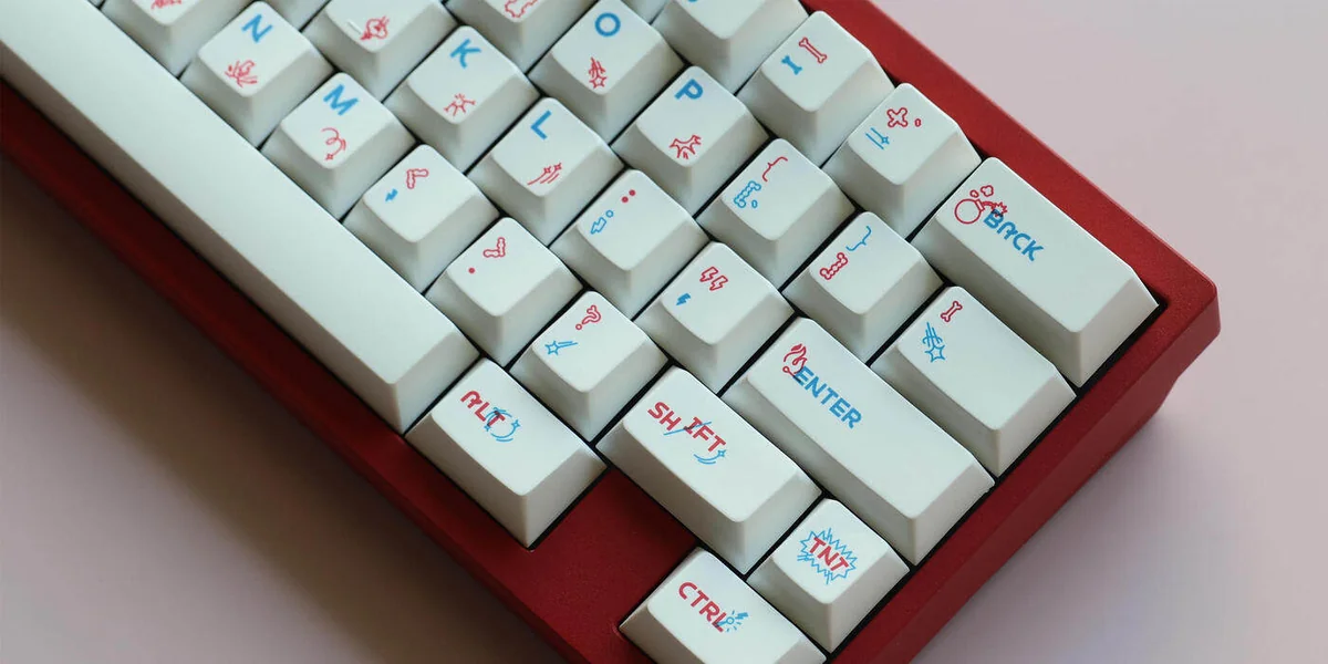 Joyride PBT keycaps set from multiple angles, revealing vibrant, retro-inspired legends and durable design for a playful, adventurous typing journey.