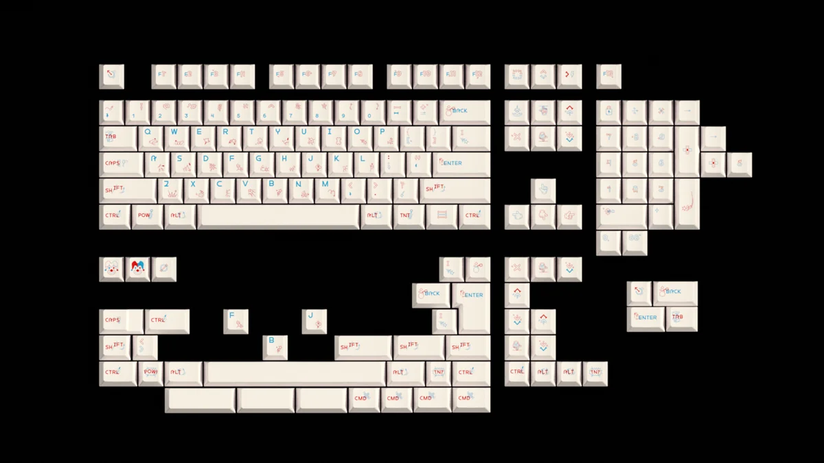 Gallery of Joyride Keycaps Set, durable PBT with vibrant, retro-inspired legends. Multiple angles show the playful, adventurous design.