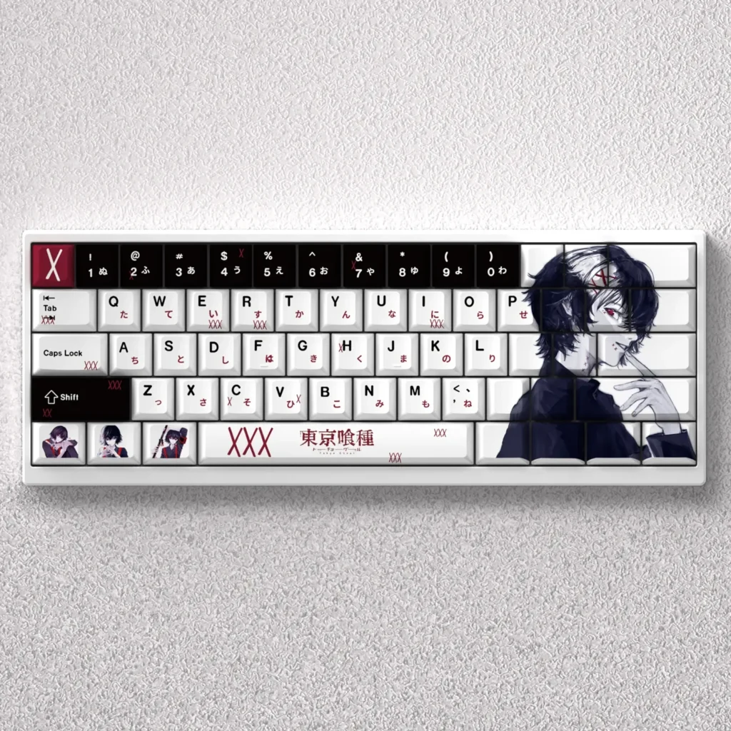 Exclusive Juuzou Suzuya Keycap Set displaying iconic stitches and a dark, rebellious anime aesthetic for mechanical keyboards.