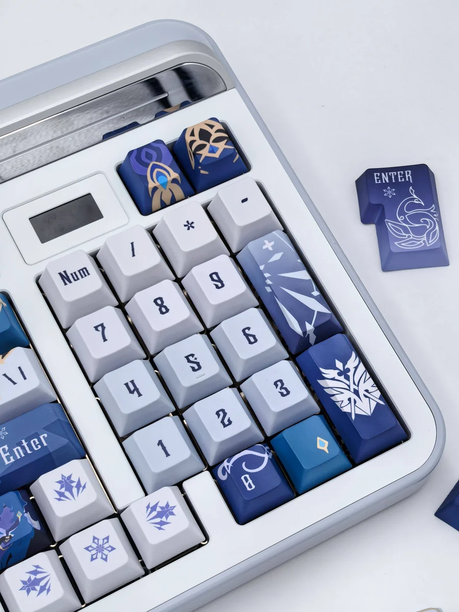 Artisan Kaeya Genshin Impact keycap set displayed from multiple angles, featuring icy blues, noble gold, and dark accents that capture elegant mystique design.