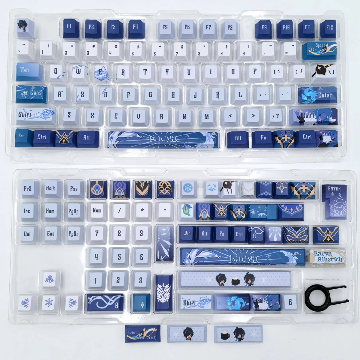 Exclusive artisan Kaeya Genshin Impact keycap set in icy blues, noble gold, and dark accents, elegantly displayed from various angles.