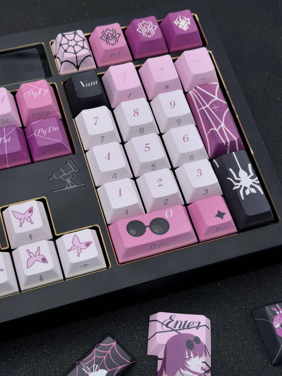 A detailed view of the enigmatic Kafka double-shot PBT keycaps set, highlighting the subtle side-printed legends in a sleek purple and black aesthetic.