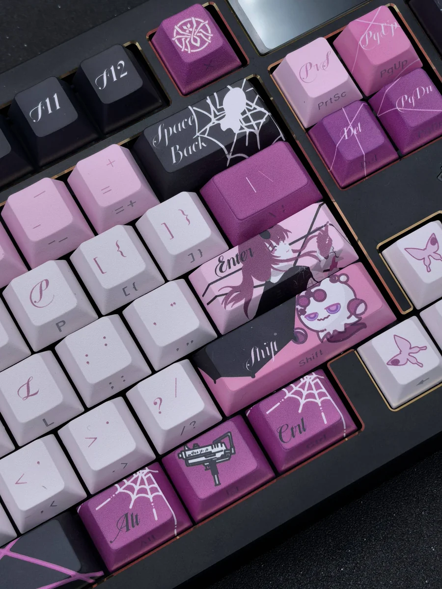 Detailed shot of the enigmatic Kafka double-shot PBT keycap set, revealing its sleek purple and black side-printed legends from a distinct angle.