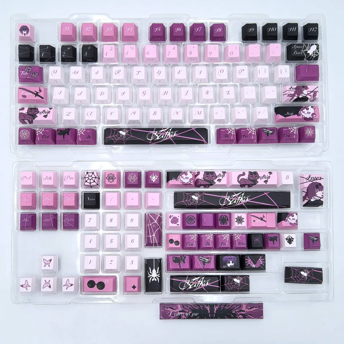 An angled view of the enigmatic Kafka double-shot PBT keycap set, showcasing its sleek purple and black finish and subtle side-printed legends.