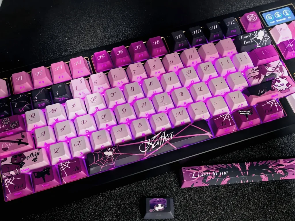 Enigmatic Kafka Double-Shot PBT keycap set in sleek purple and black, showcasing subtle side-printed legends for a premium look.