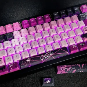 Enigmatic Kafka Double-Shot PBT keycap set in sleek purple and black, showcasing subtle side-printed legends for a premium look.