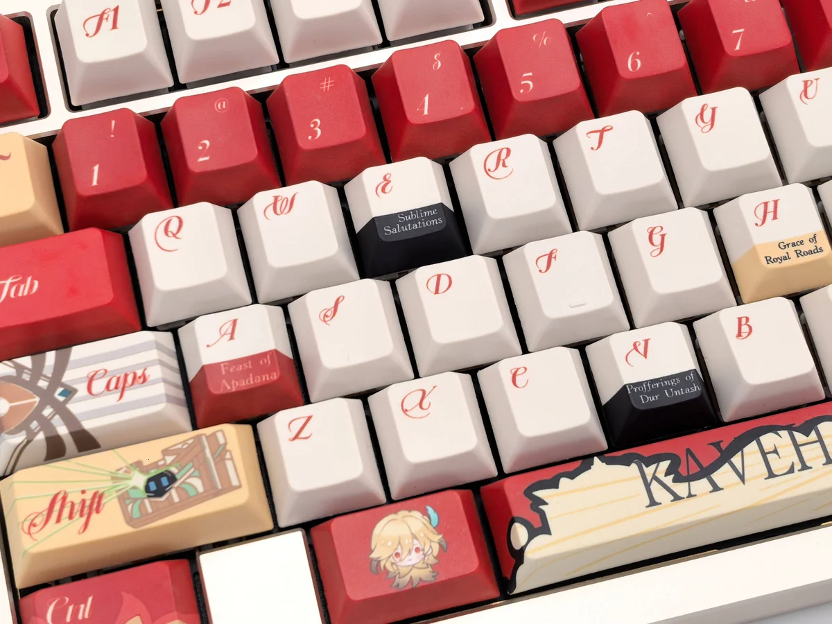 Exclusive Genshin Impact Kaveh Cherry Keycaps set, showcasing intricate Sumeru-inspired artistic designs with signature greens and gold accents from various angles.