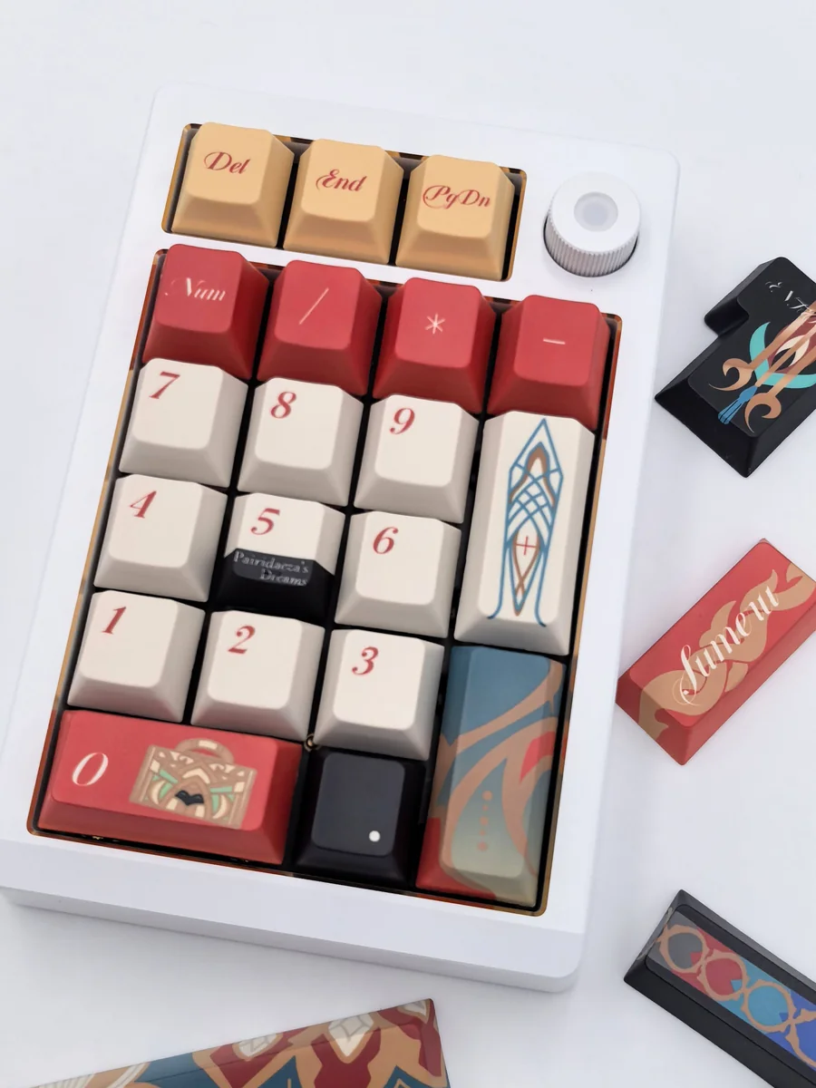 Exclusive Kaveh Keycaps Cherry Set, showcasing intricate Sumeru-inspired greens and gold accents from multiple artistic angles, perfect for Genshin Impact fans.