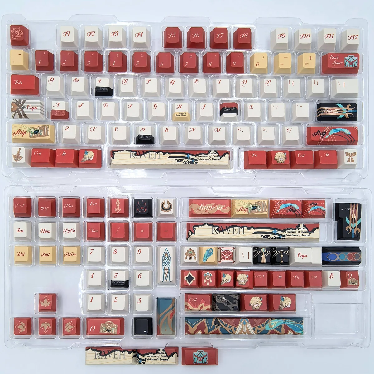 Kaveh Keycaps Genshin Impact Cherry set displayed from multiple artistic angles, highlighting intricate Sumeru green and gold accents.