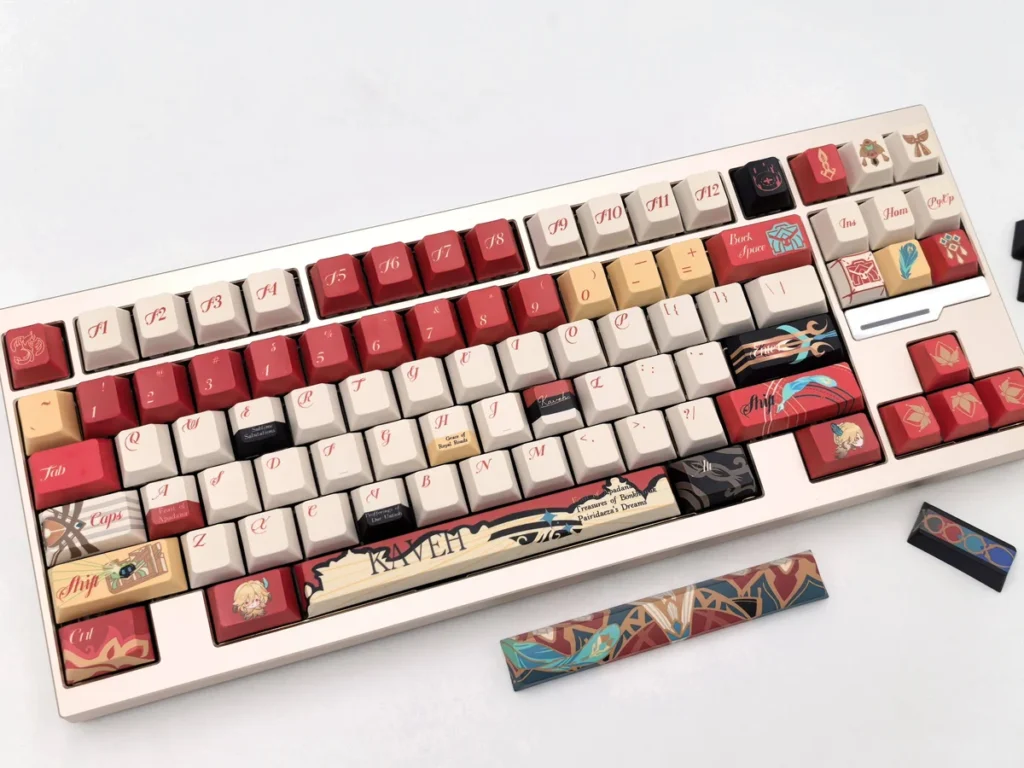 Exclusive Kaveh Keycaps set for Genshin Impact, showcasing an artistic Cherry set with intricate Sumeru-inspired green and gold elegance.